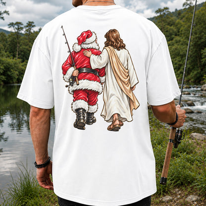 Santa and Robed Companion Fishing Graphic T-Shirt | Back Print