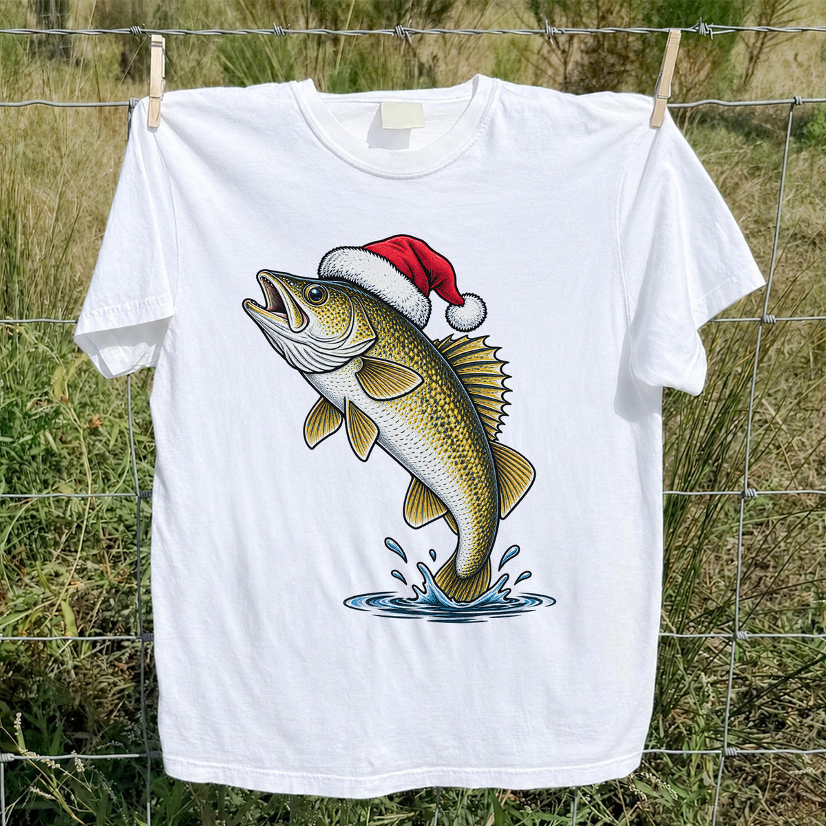 Santa Hat Walleye Christmas Fishing Graphic T-Shirt