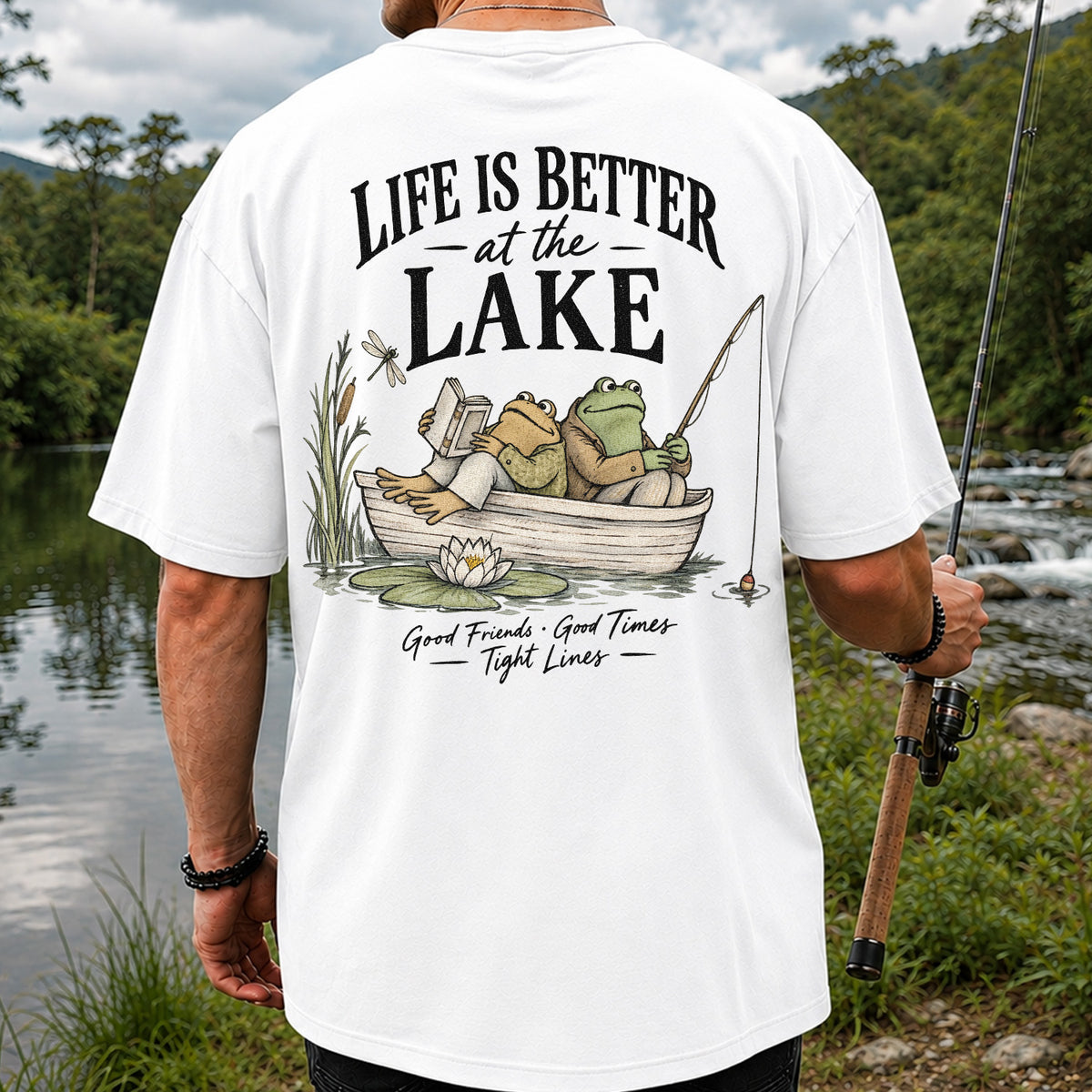 Life Is Better at the Lake Frog Fishing Graphic T-Shirt | Back Print