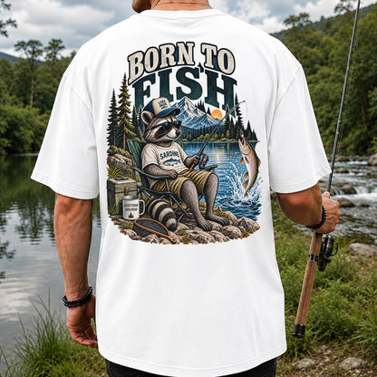 Born to Fish Raccoon in Sunglasses Lake Fishing T-Shirt | Back Print