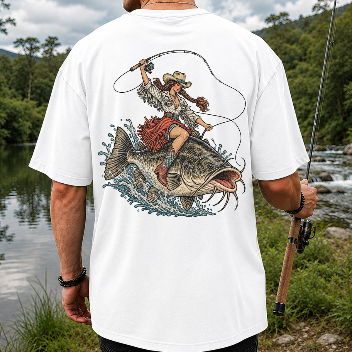 Cowgirl Riding a Largemouth Bass Fishing Graphic T-Shirt | Back Print