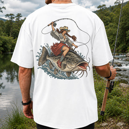 Cowgirl Riding a Largemouth Bass Fishing Graphic T-Shirt | Back Print