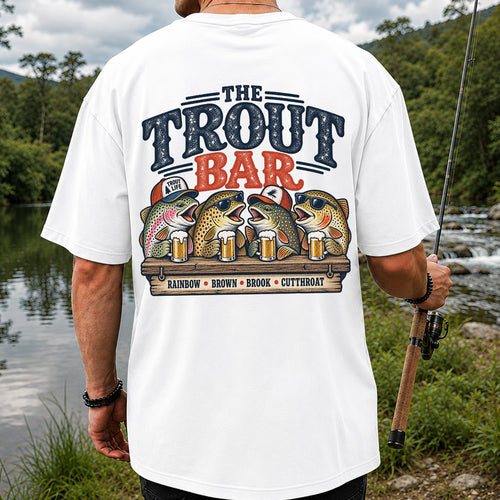 The Trout Bar Rainbow Brown Brook Cutthroat Funny Fishing T-Shirt | Back Print