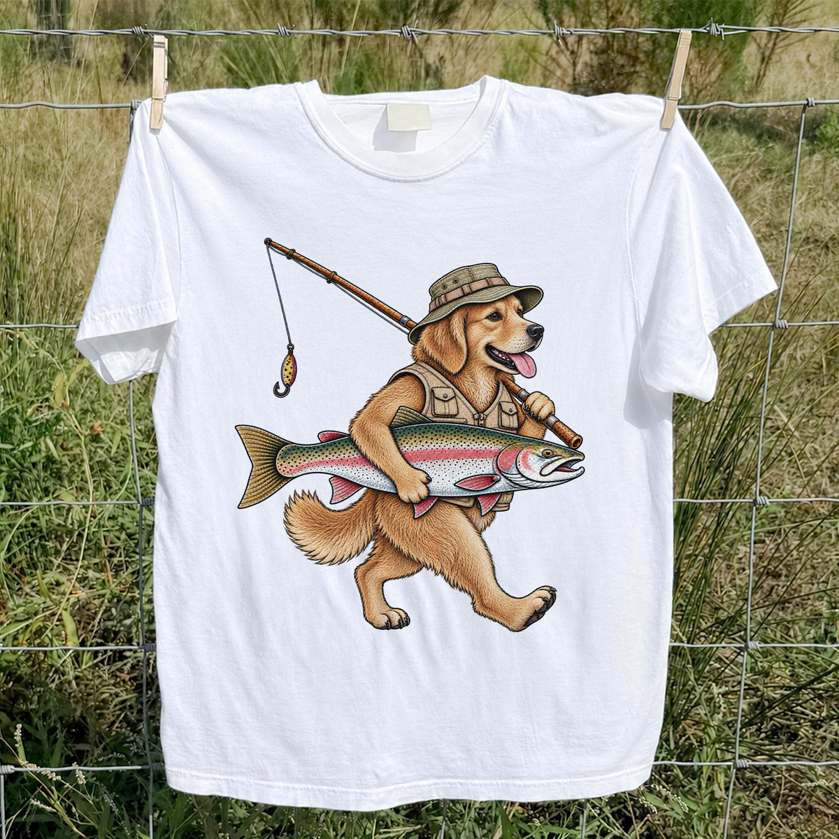 Golden Retriever Holding Rainbow Trout Fishing Graphic T-Shirt