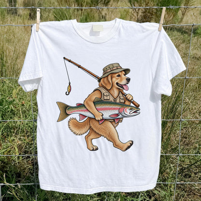 Golden Retriever Holding Rainbow Trout Fishing Graphic T-Shirt