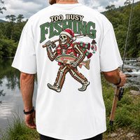 Too Busy Fishing Bigfoot Skeleton Christmas Trout T-Shirt | Back Print