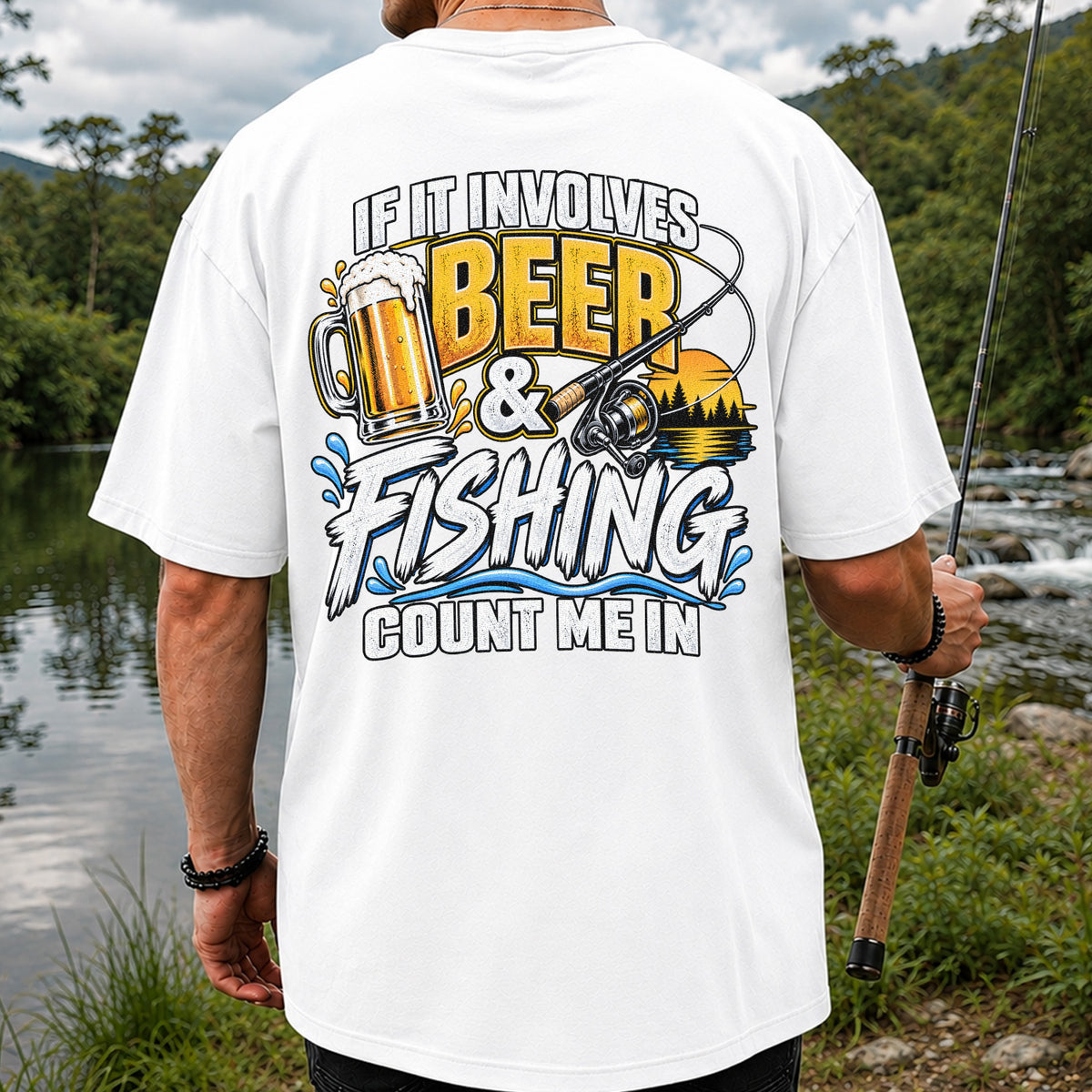 Beer and Fishing Funny Angler Graphic T-Shirt | Back Print