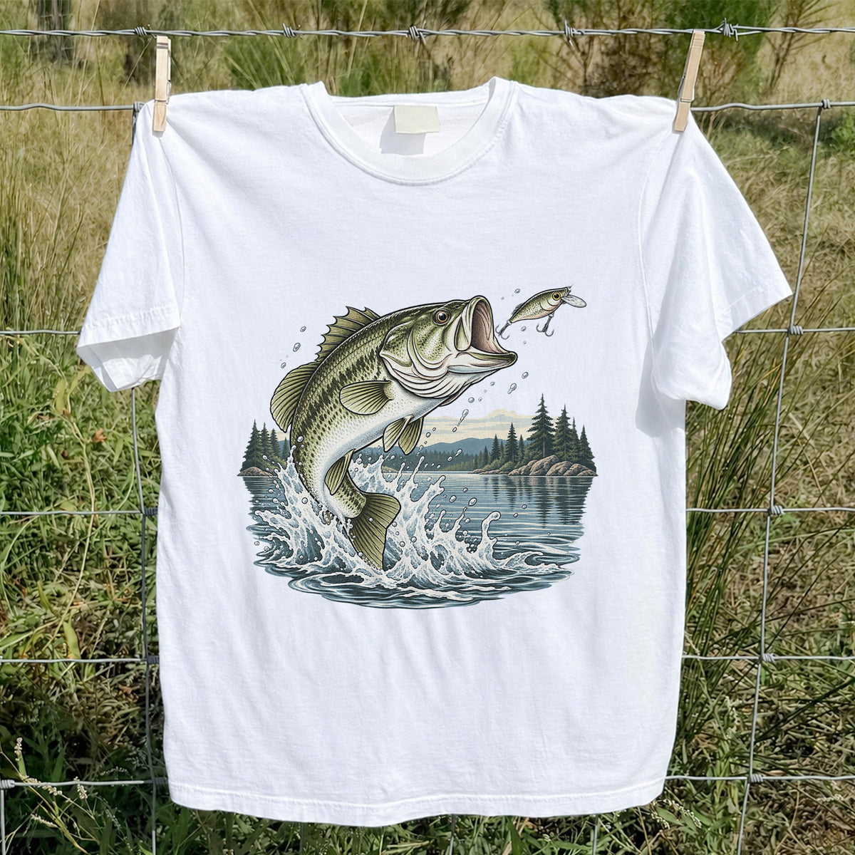 Jumping Largemouth Bass Chasing a Lure Lake Fishing Graphic T-Shirt