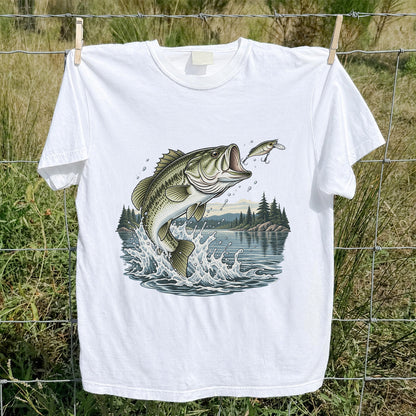 Jumping Largemouth Bass Chasing a Lure Lake Fishing Graphic T-Shirt