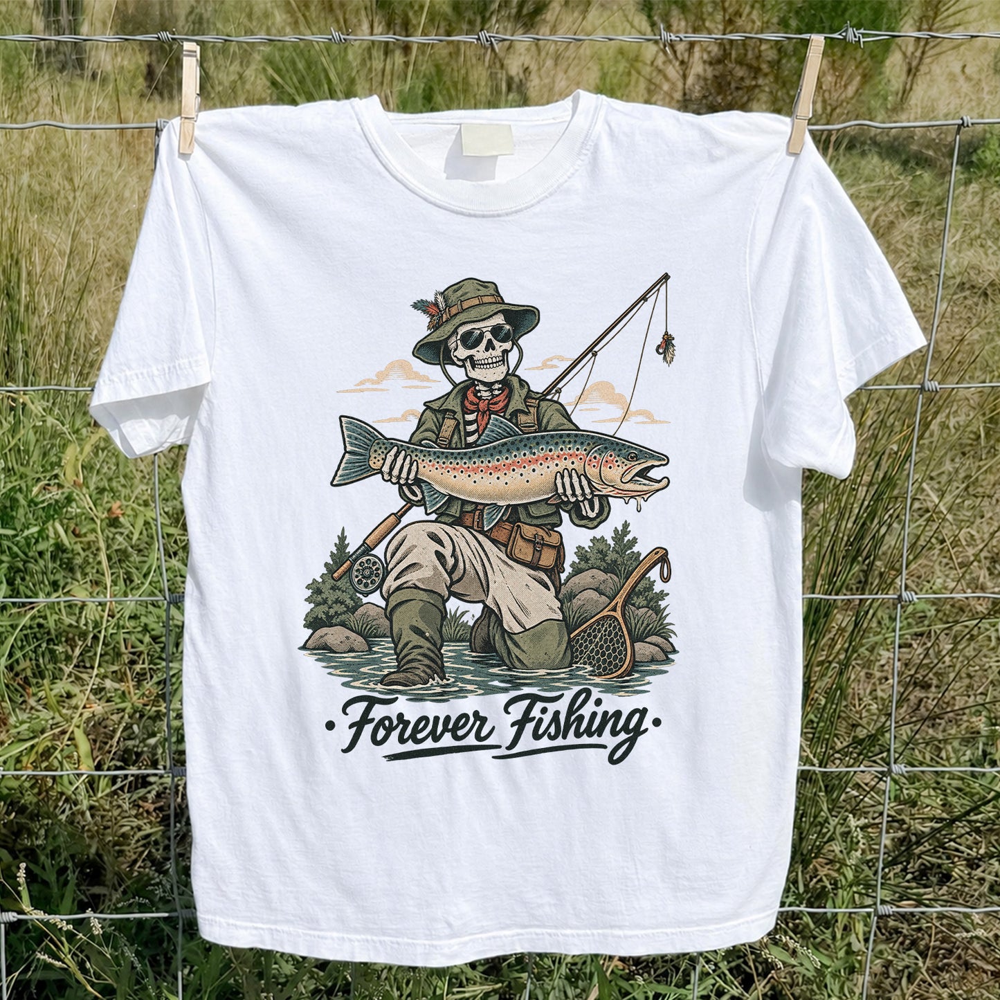 Forever Fishing Skeleton Angler with Rainbow Trout Graphic T-Shirt