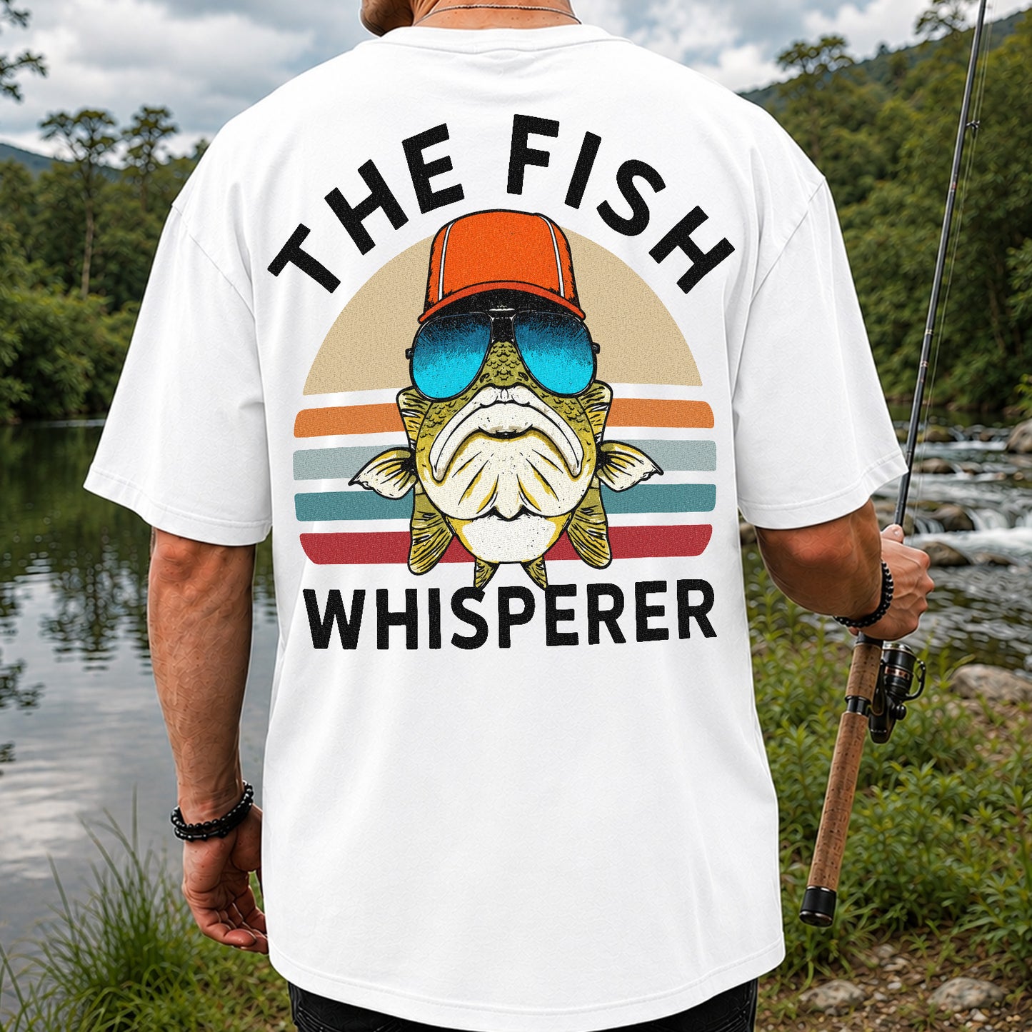 The Fish Whisperer Bass in Sunglasses and Trucker Hat T-Shirt | Back Print