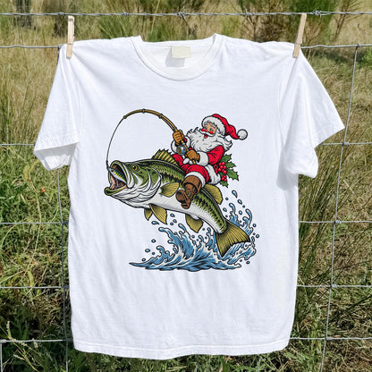 Santa Claus Riding a Bass Christmas Fishing Graphic T-Shirt