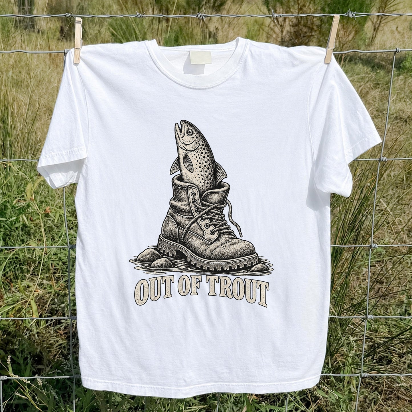 Out of Trout Funny Trout in a Hiking Boot Fishing T-Shirt
