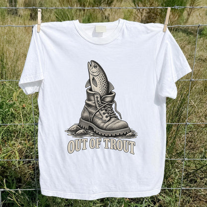 Out of Trout Funny Trout in a Hiking Boot Fishing T-Shirt
