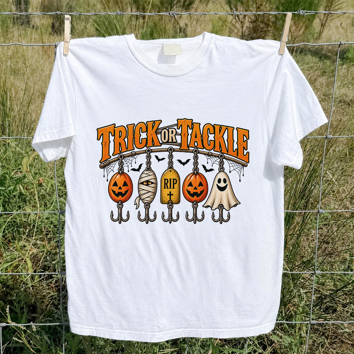 Trick or Tackle Pumpkin Ghost and Mummy Fishing Lures Halloween T-Shirt