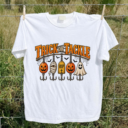 Trick or Tackle Pumpkin Ghost and Mummy Fishing Lures Halloween T-Shirt