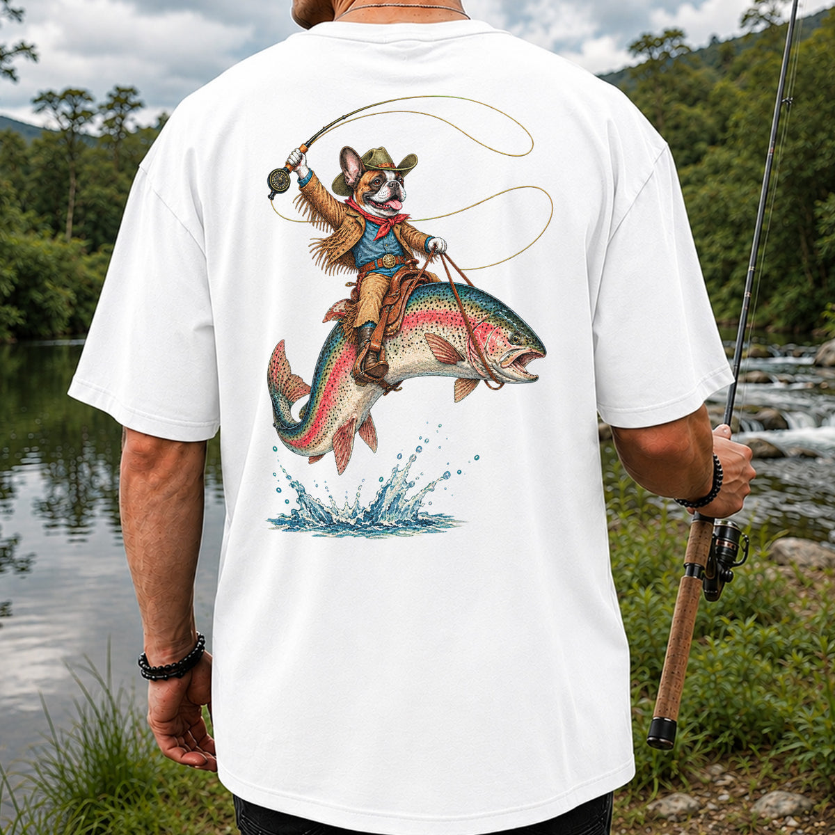 Cowboy French Bulldog Riding a Rainbow Trout Fishing T-Shirt | Back Print
