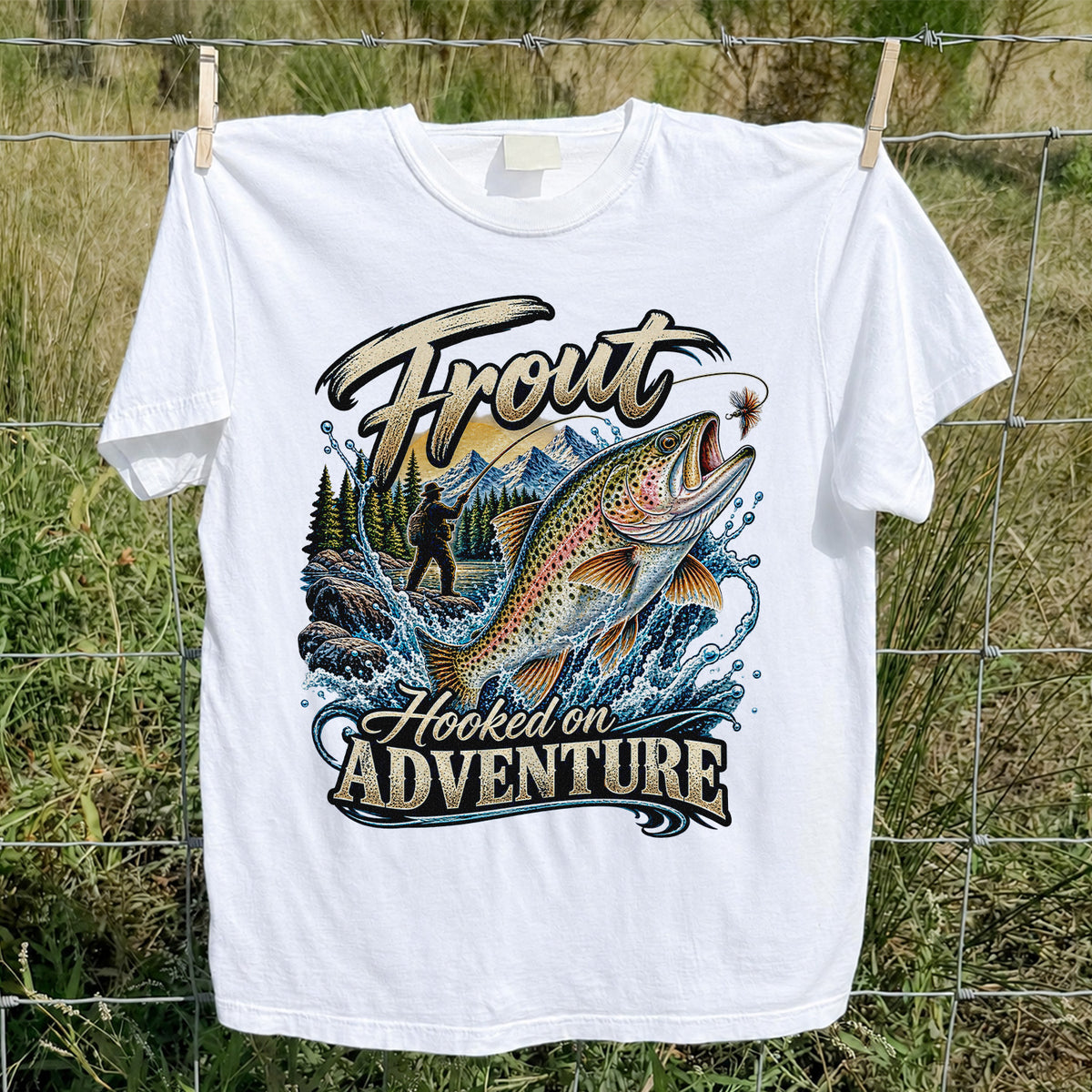 Trout Hooked on Adventure Mountain Fly Fishing T-Shirt