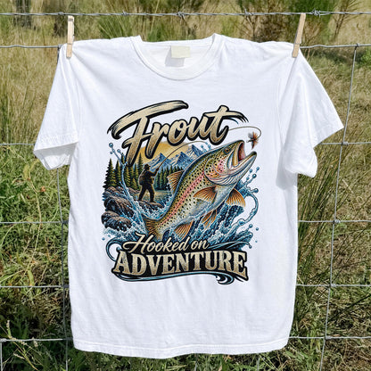 Trout Hooked on Adventure Mountain Fly Fishing T-Shirt