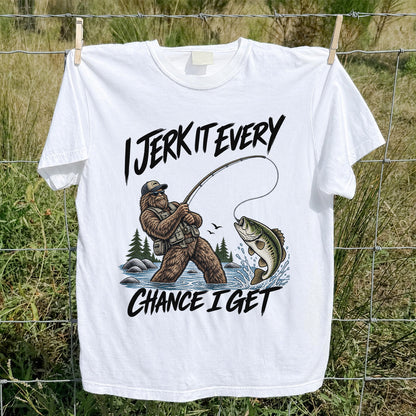 Jerk It Every Chance I Get Bigfoot Fishing Graphic T-Shirt