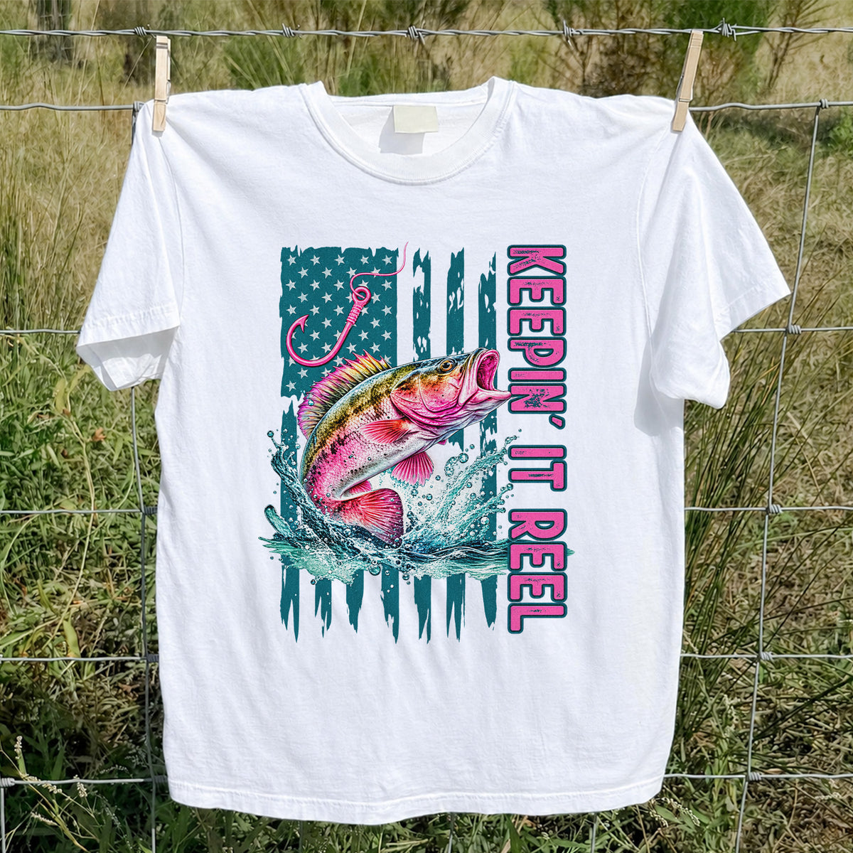 Keepin' It Reel Bass Fishing American Flag Graphic T-Shirt