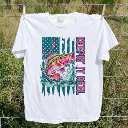 Keepin' It Reel Bass Fishing American Flag Graphic T-Shirt