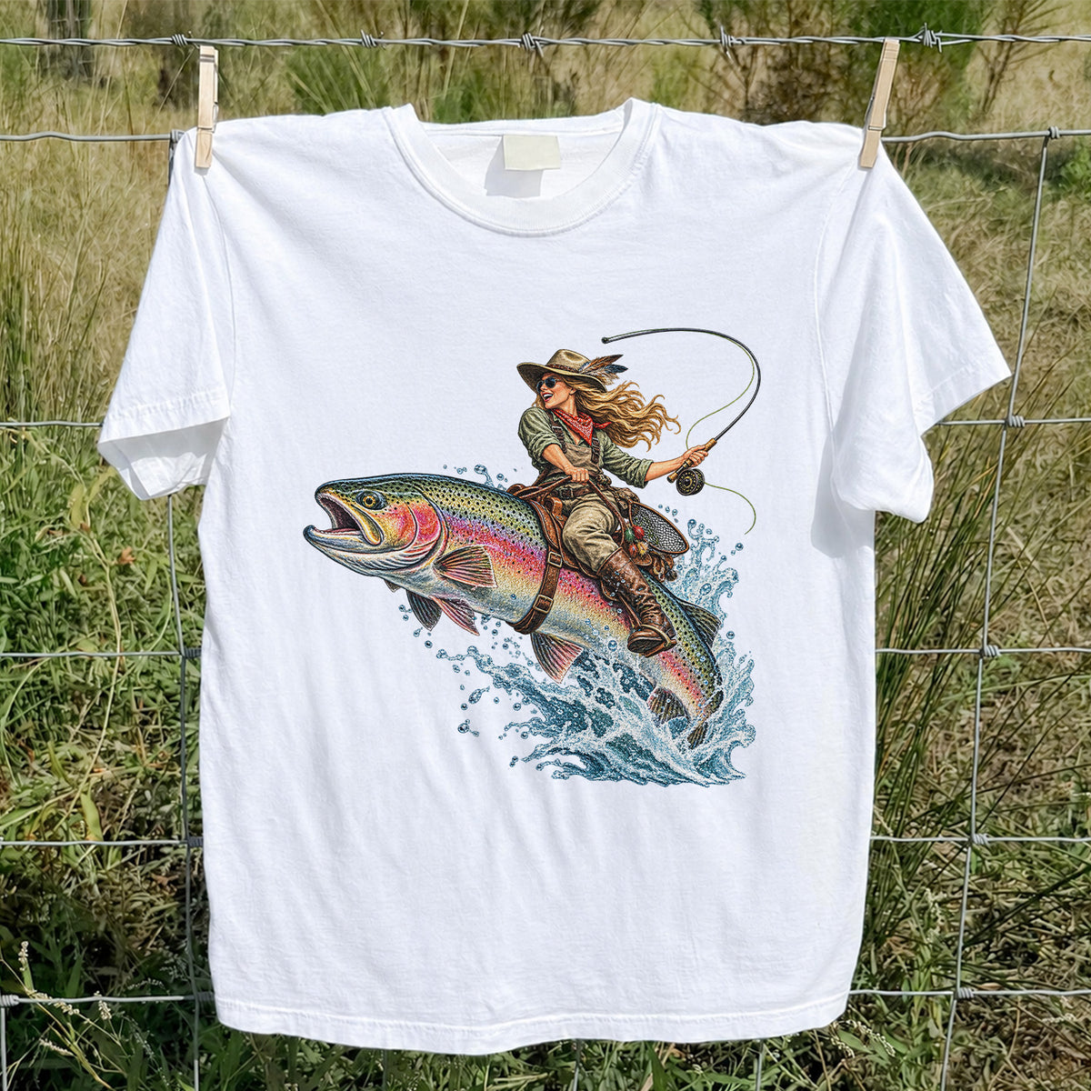 Cowgirl Riding a Rainbow Trout Fly Fishing Graphic T-Shirt