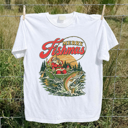 Merry Fishmas Santa and Elves Trout Fishing Christmas T-Shirt