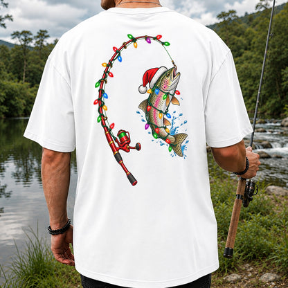 Christmas Rainbow Trout with Santa Hat and Lights Fishing T-Shirt | Back Print
