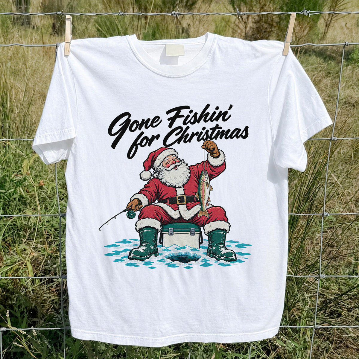 Santa Claus Ice Fishing Christmas Graphic T-Shirt