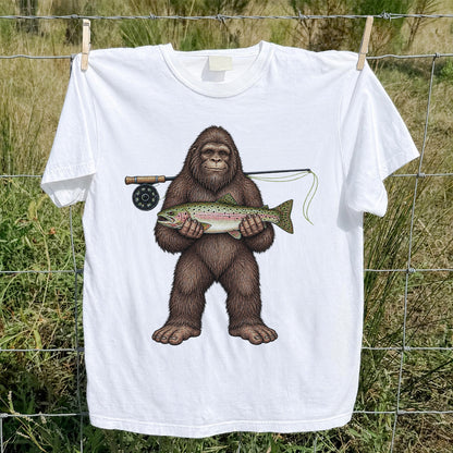 Bigfoot Holding Rainbow Trout Fly Fishing Graphic T-Shirt