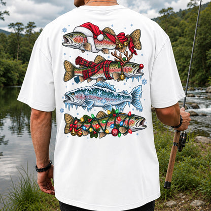 Christmas Rainbow Trout Holiday Fishing Graphic T-Shirt | Back Print