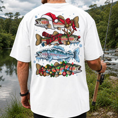 Christmas Rainbow Trout Holiday Fishing Graphic T-Shirt | Back Print
