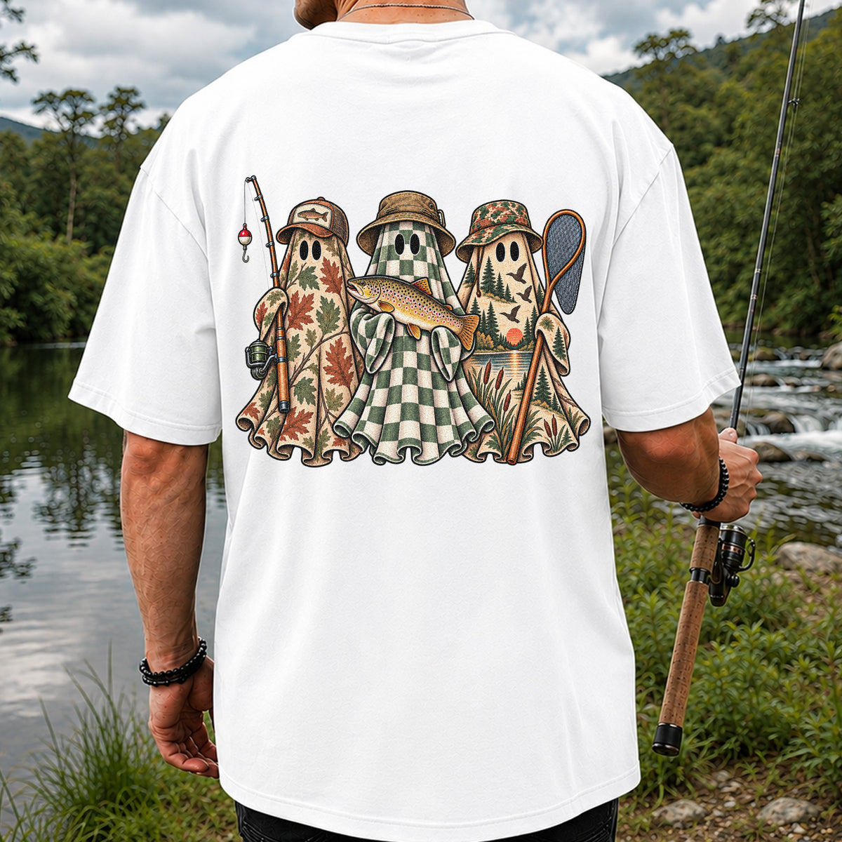Autumn Ghost Trio with Brown Trout Halloween Fishing T-Shirt | Back Print
