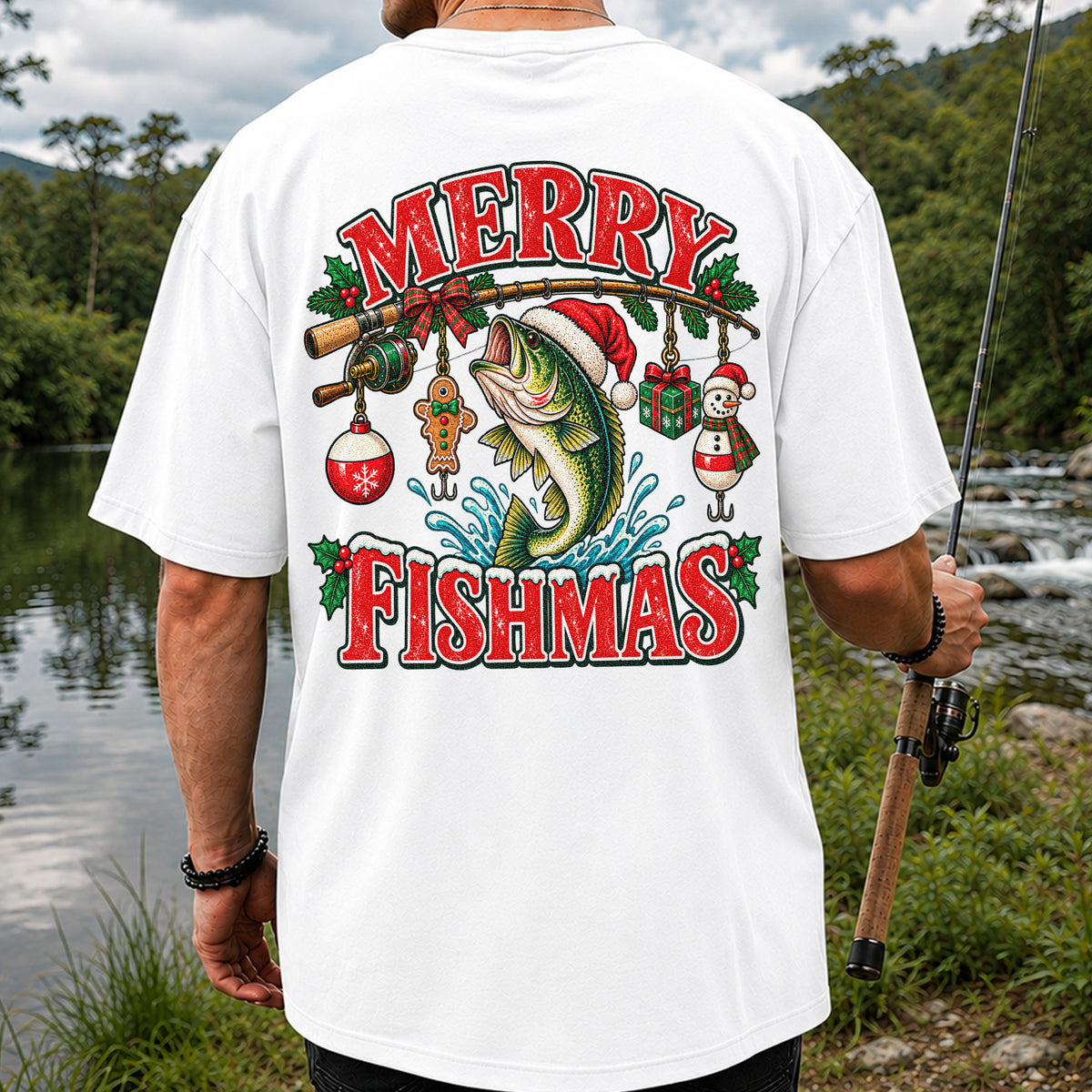 Merry Fishmas Santa Bass Christmas Fishing Graphic T-Shirt | Back Print