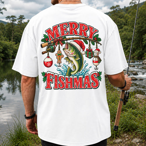 Merry Fishmas Santa Bass Christmas Fishing Graphic T-Shirt | Back Print