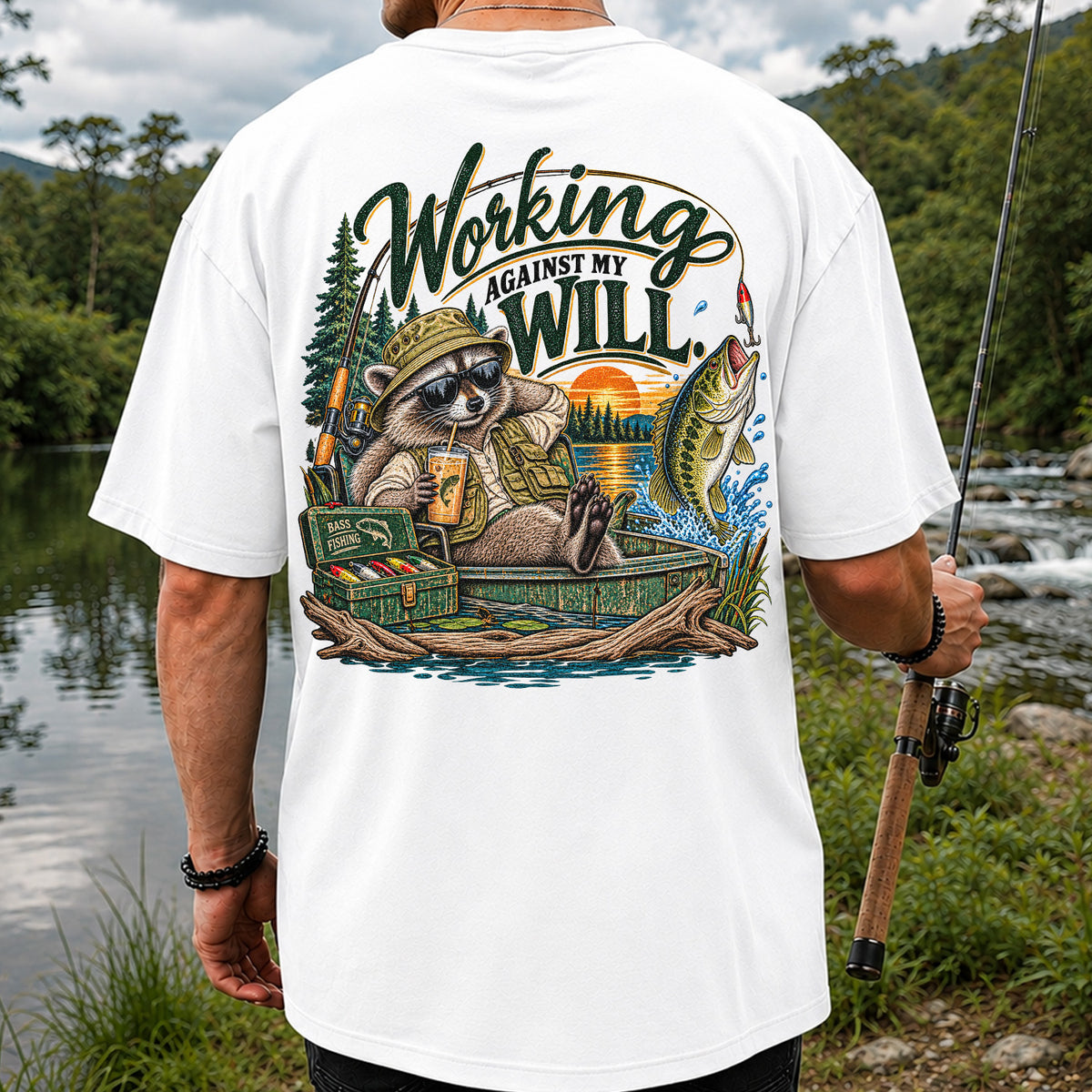 Working Against My Will Raccoon Bass Fishing T-Shirt | Back Print