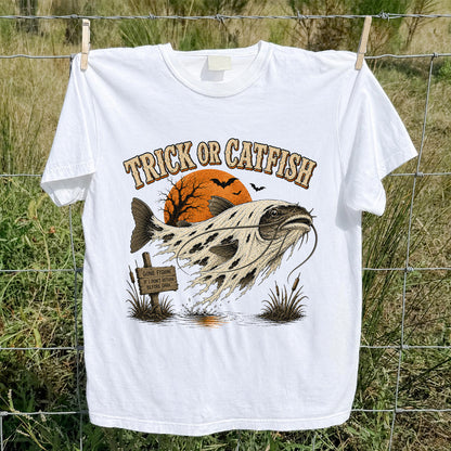 Trick or Catfish Halloween Fishing T-Shirt, Vintage Trout Angler Tee