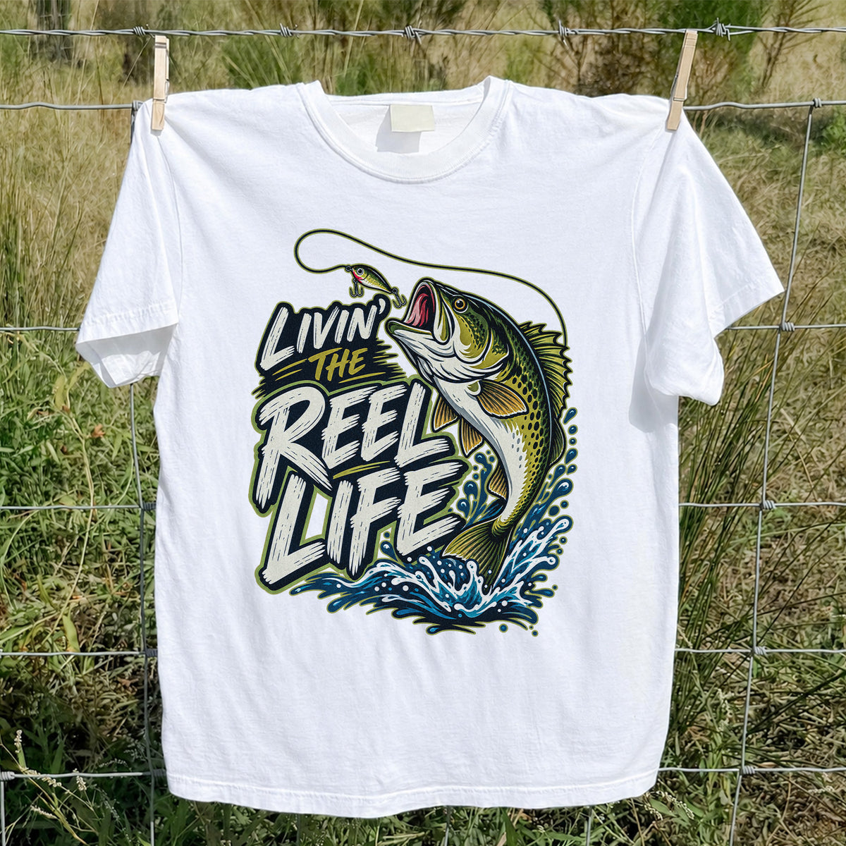Livin' the Reel Life Jumping Bass Fishing Graphic T-Shirt