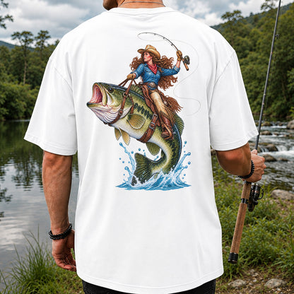 Cowgirl Riding a Largemouth Bass Fishing Graphic T-Shirt | Back Print