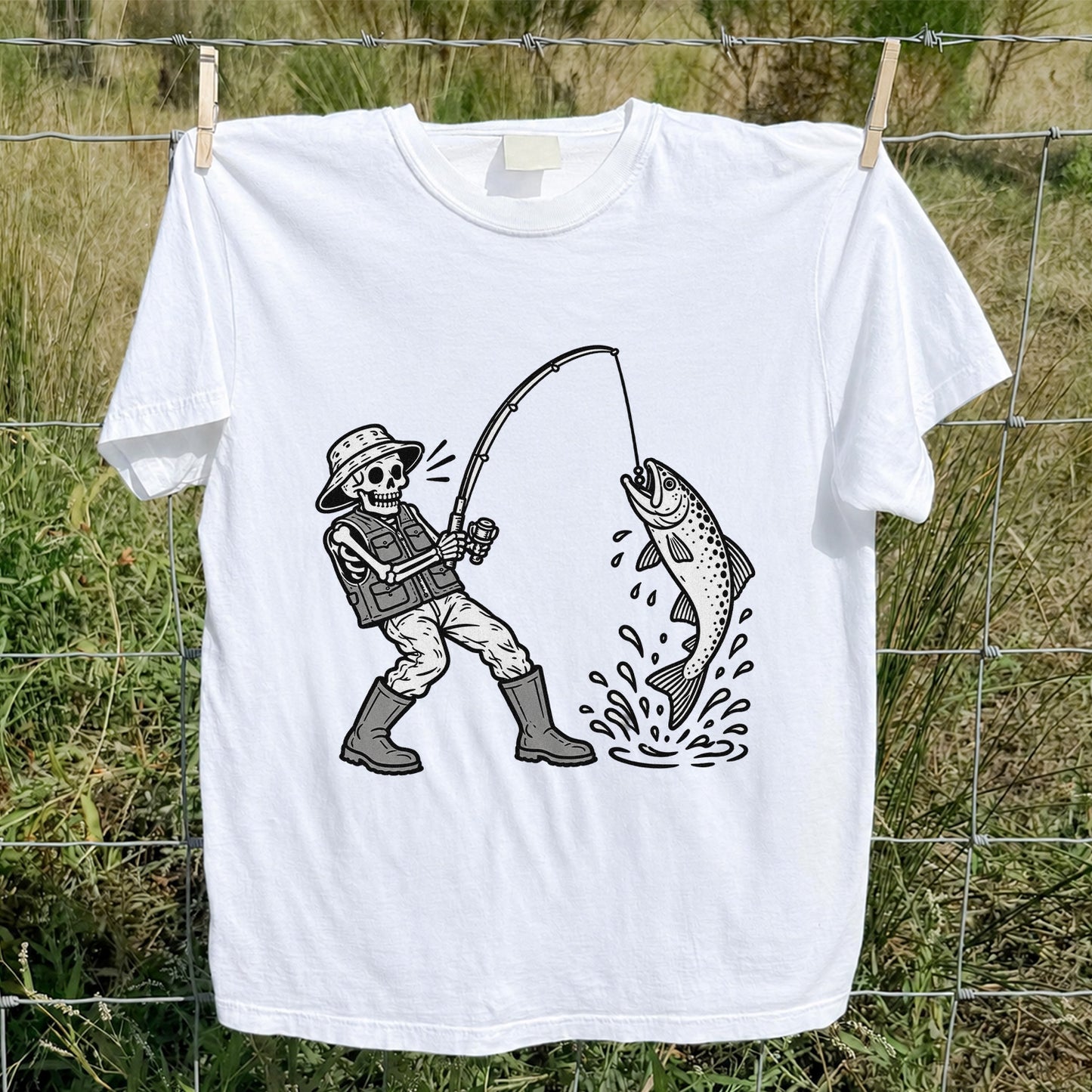 Skeleton Angler Catching a Trout Fishing Graphic T-Shirt