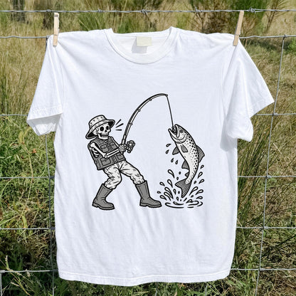 Skeleton Angler Catching a Trout Fishing Graphic T-Shirt