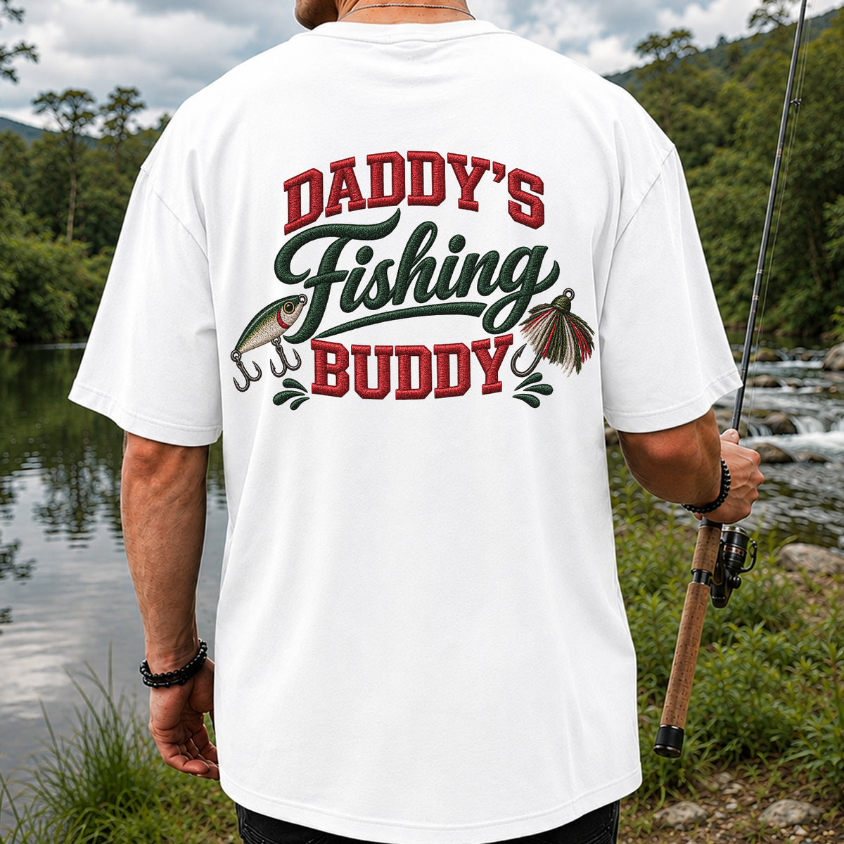 Daddy's Fishing Buddy Funny Fishing Graphic T-Shirt | Back Print