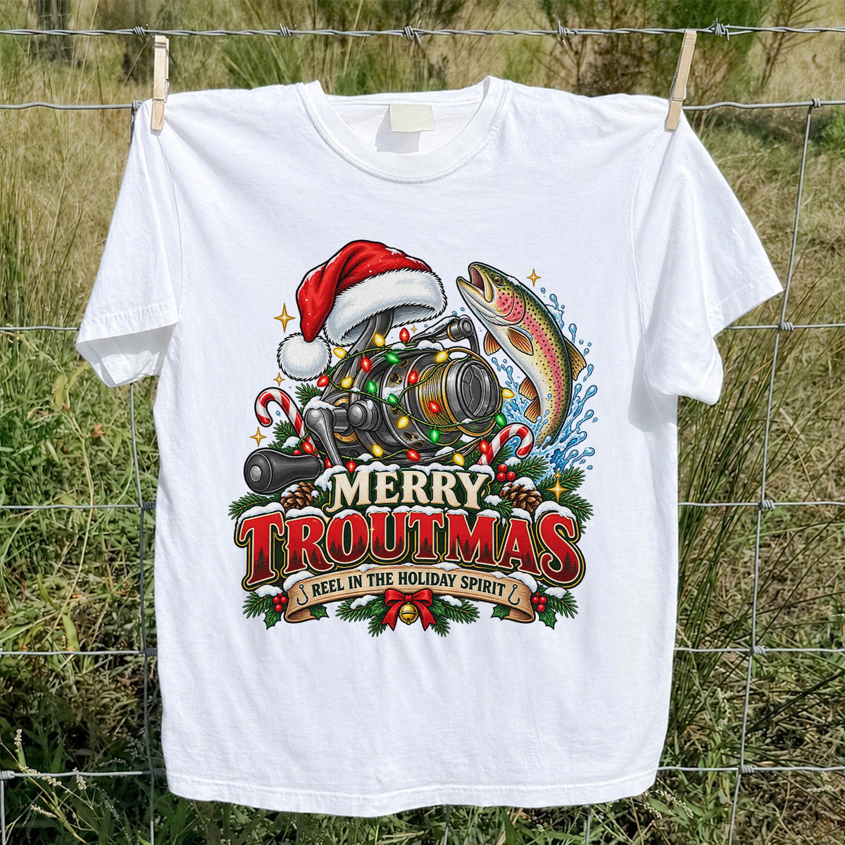 Merry Troutmas Reel in the Holiday Spirit Rainbow Trout and Fishing Reel T-Shirt