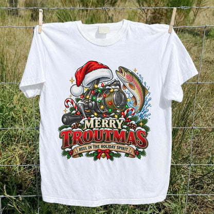 Merry Troutmas Reel in the Holiday Spirit Rainbow Trout and Fishing Reel T-Shirt