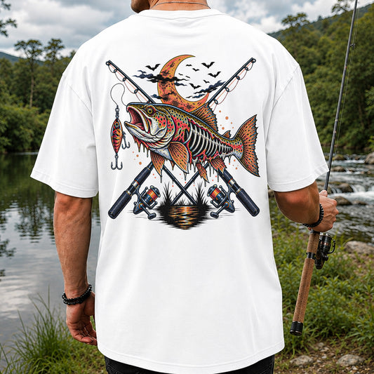 Skeleton Trout with Crossed Fishing Rods Halloween Graphic T-Shirt | Back Print