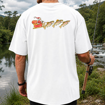Santa Sleigh Pulling Rainbow Trout Fishing Graphic T-Shirt | Back Print
