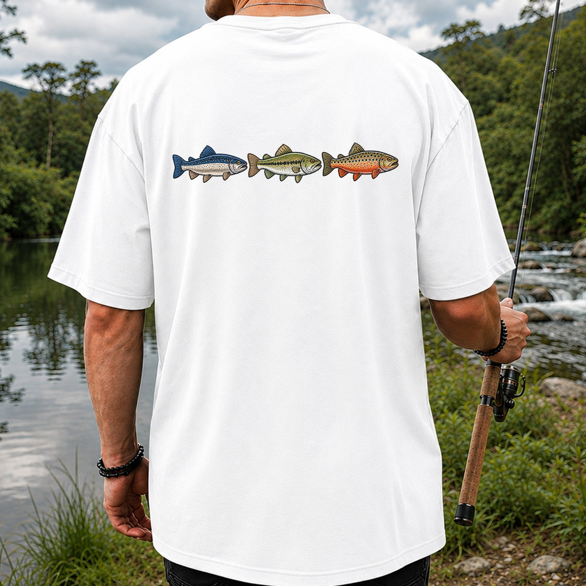 Trout and Bass Trio Minimalist Fishing Graphic T-Shirt | Back Print
