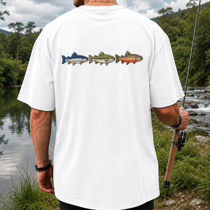 Trout and Bass Trio Minimalist Fishing Graphic T-Shirt | Back Print