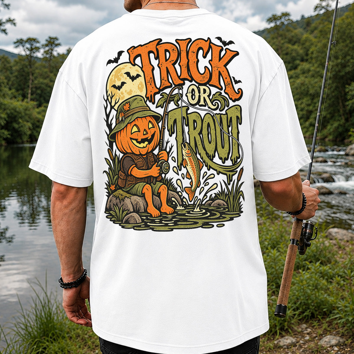 Trick or Trout Pumpkin Angler Halloween Fishing T-Shirt | Back Print